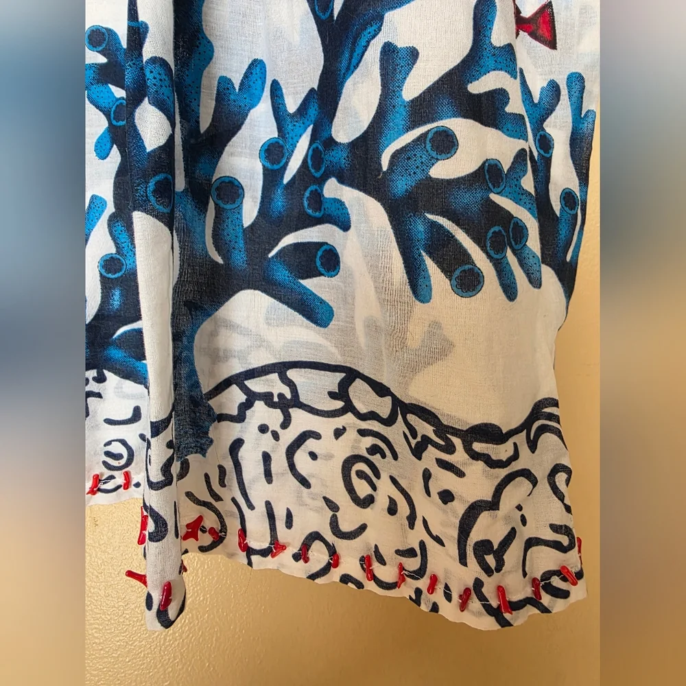Soft Surroundings Seychelles Tunic Dress 2X Fish Coral Cotton Beach CoverUp Boho - Picture 5 of 11